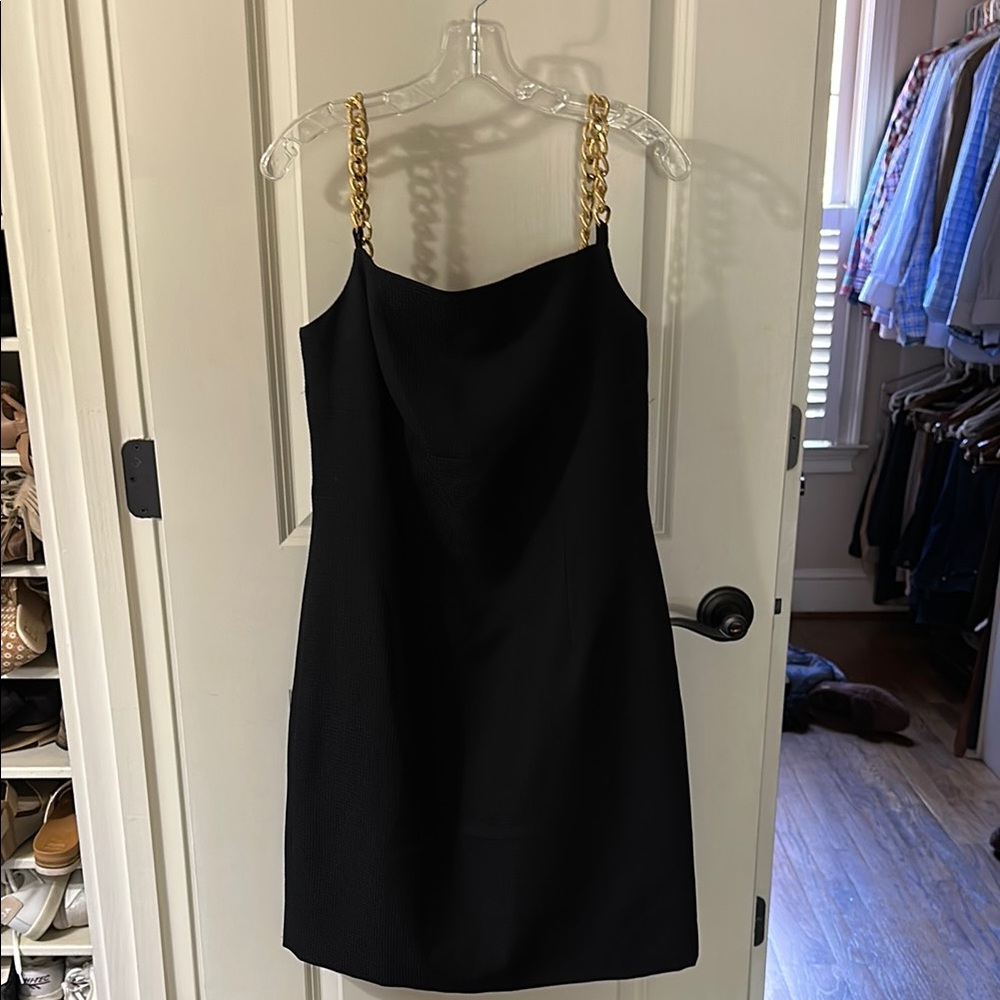 Black Mini Dress with Gold Spaghetti Straps Sheath Style